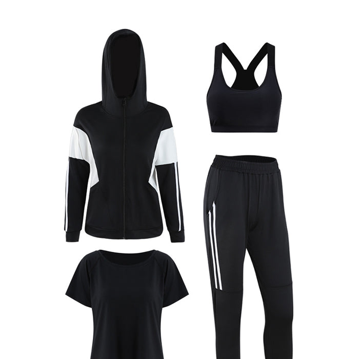 スポーツウェア 4点セット パーカー 半袖 上下セット フィットネスウェア 速乾性 ブラック 黒 ヨガ ピラティス スポーツ フィットネス ランニングウェア トレーニング