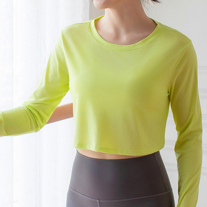 スポーツトップス ヨガウェア 長袖 無地ショートフィットネスウェア ランニング 速乾性 通気性 ゆったりとした女性用Tスポーツカバーアップ