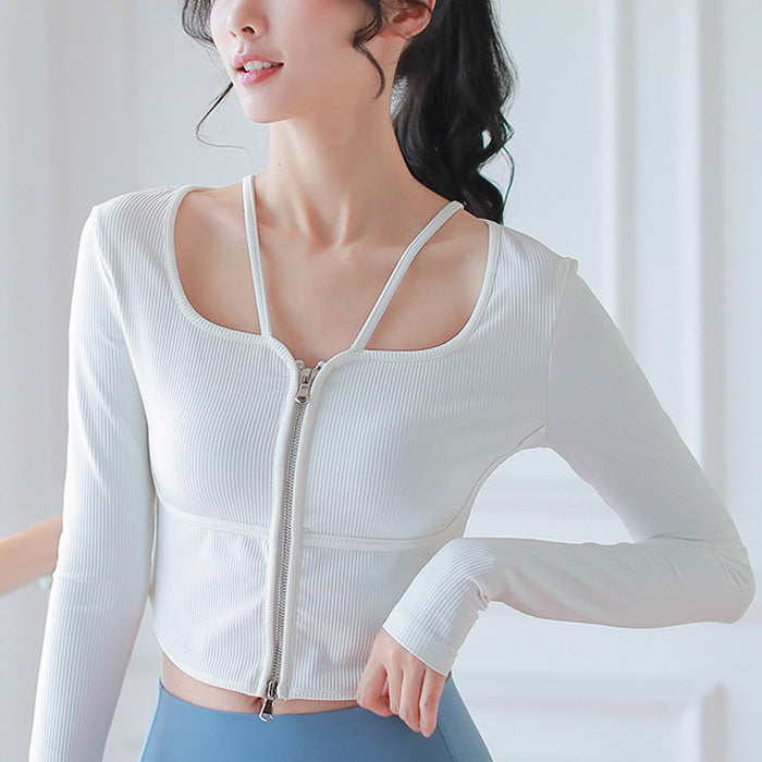 新しいヨガ服長袖フィットネススポーツコートヨガトップスリムリブフィンガージッパー通気性の女性の春