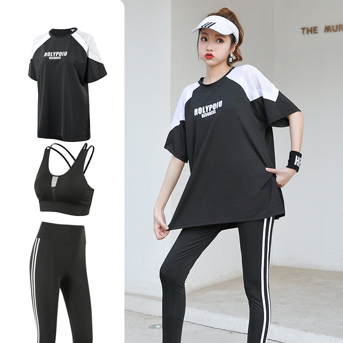 スポーツウェアセット 3点セット ラージサイズ Tシャツ 半袖 上下セット フィットネスウェア 速乾性 セットアップ ルーズ ゆったり ヨガ ピラティス