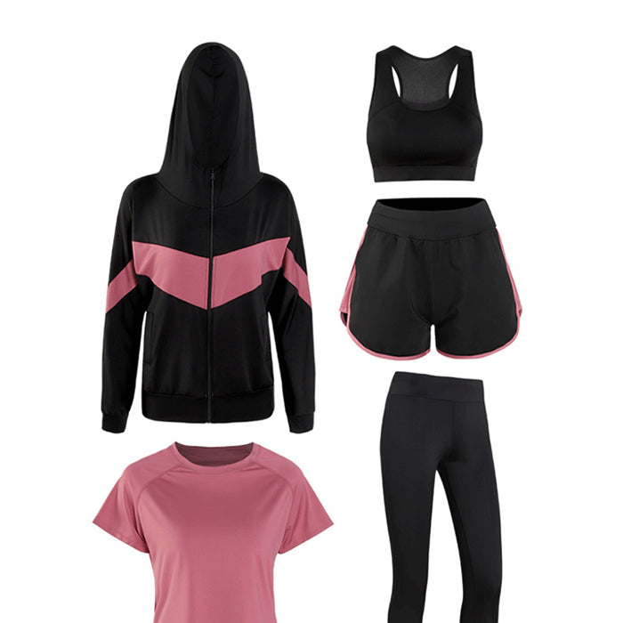 ランニングウェア レディース セット ヨガウェア スポーツウェア 5点セット パーカー 半袖 長袖 速乾性 セットアップ ゆったり オールシーズン