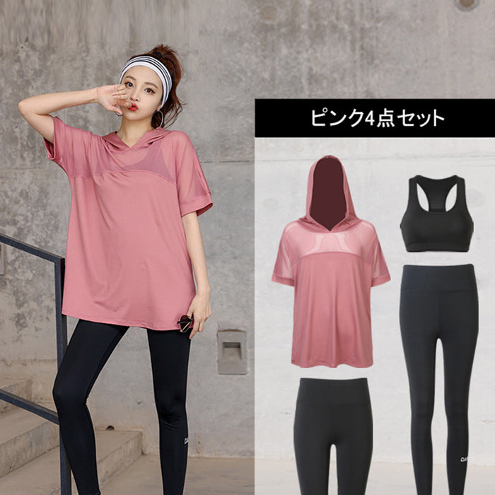 スポーツウェア 4点セット 半袖 ハーフ丈 メッシュ ヨガウェア 大きいサイズ 速乾性 スポーツ フィットネス ジムウェア テニス ランニング ジャージ 夏