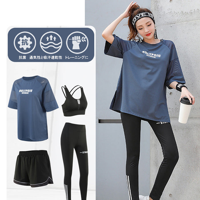 スポーツウェアセット 4点セット 半袖 スリット入り ラージサイズ ウェアセット 大きいサイズ 速乾性 スポーツ フィットネス トレーニング