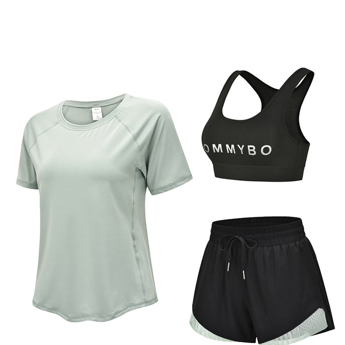 スポーツウェア 3点セット Tシャツ 半袖 ショートパンツ スポーツブラ プラスサイズ フィットネスウェア 速乾性 セットアップ ヨガ ピラティス