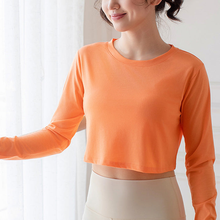 スポーツトップス ヨガウェア 長袖 無地ショートフィットネスウェア ランニング 速乾性 通気性 ゆったりとした女性用Tスポーツカバーアップ