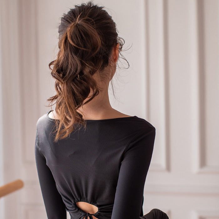 ヨガウェア トップス、ウエストレスフィットネスウェア、長袖スポーツトップス、ドローストリング、高伸縮性、スリムフィットで美しい背中、レディースフィットネスウェア