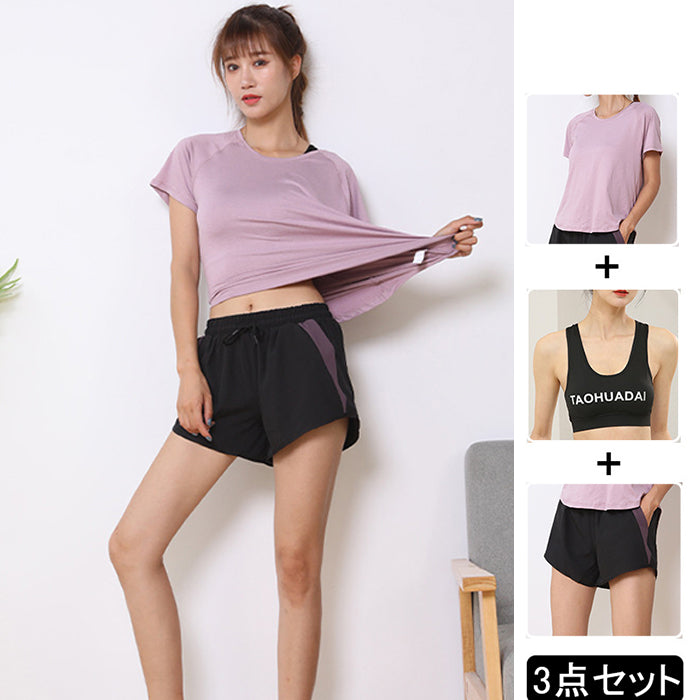 スポーツウェア 3点セット Tシャツ 半袖 ショートパンツ スポーツブラ メッシュ 上下セット フィットネスウェア 速乾性 セットアップ ヨガ ピラティス