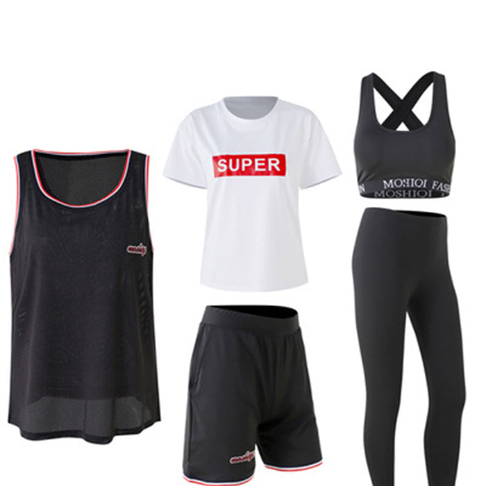 スポーツウェアセット 5点セット 半袖 Tシャツ 夏 ゆったり メッシュ バスケ テニス ランニング トレーニング スポーティ 速乾 フィットネスウェア ジムウェア