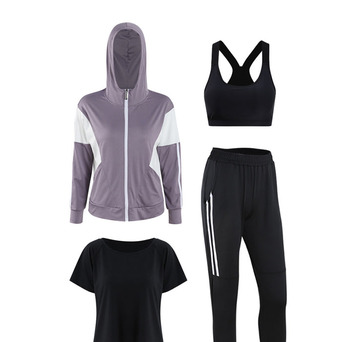 スポーツウェア 4点セット パーカー 半袖 上下セット フィットネスウェア 速乾性 ブラック 黒 ヨガ ピラティス スポーツ フィットネス ランニングウェア トレーニング