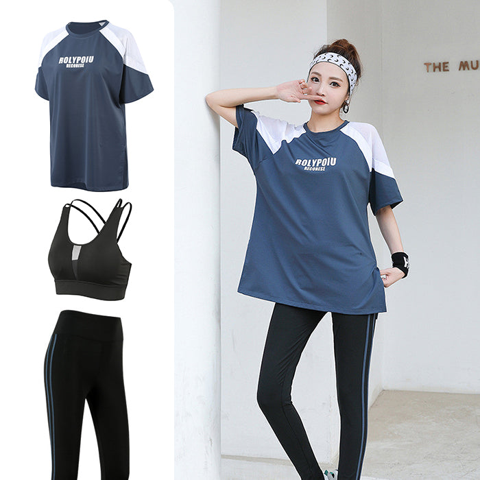 スポーツウェアセット 3点セット ラージサイズ Tシャツ 半袖 上下セット フィットネスウェア 速乾性 セットアップ ルーズ ゆったり ヨガ ピラティス
