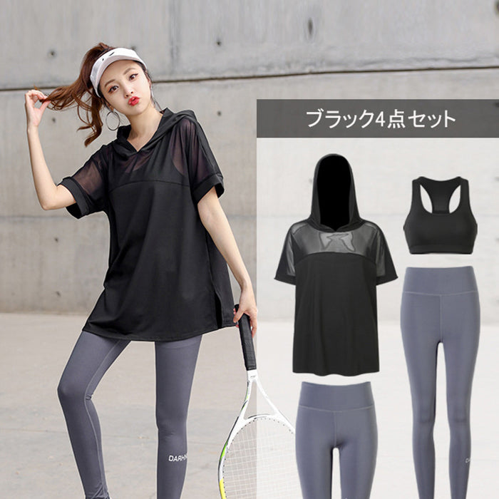 スポーツウェア 4点セット 半袖 ハーフ丈 メッシュ ヨガウェア 大きいサイズ 速乾性 スポーツ フィットネス ジムウェア テニス ランニング ジャージ 夏