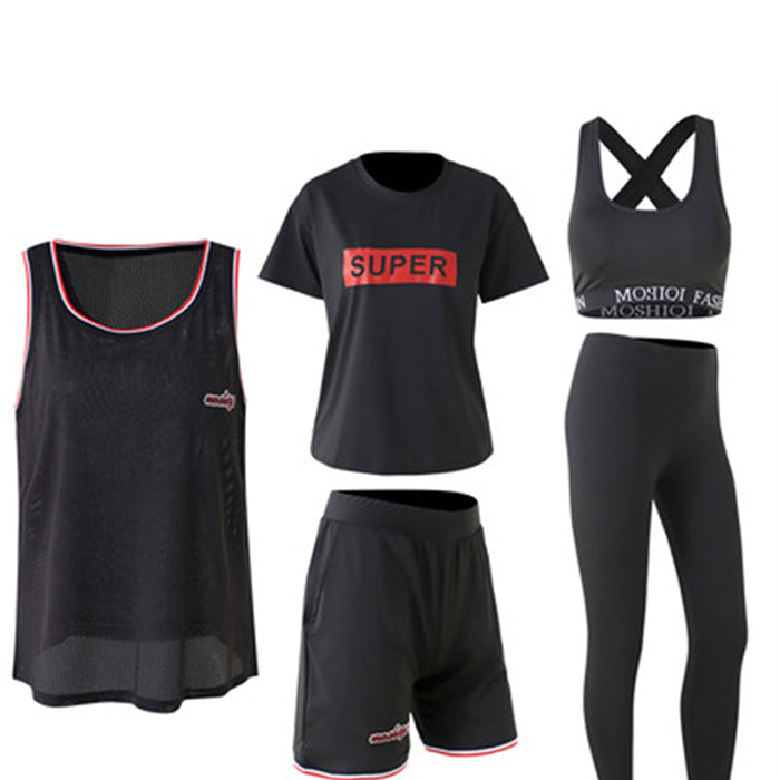 スポーツウェアセット 5点セット 半袖 Tシャツ 夏 ゆったり メッシュ バスケ テニス ランニング トレーニング スポーティ 速乾 フィットネスウェア ジムウェア