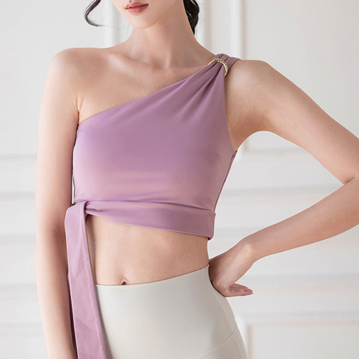 レディース スポーツウェア ヨガウェア 丈短め セクシー ヨガウェア ワンショルダースポーツブラ フィットネスベスト クロップトップ 高伸縮性 レディーススタイル 美背中 ストラップ