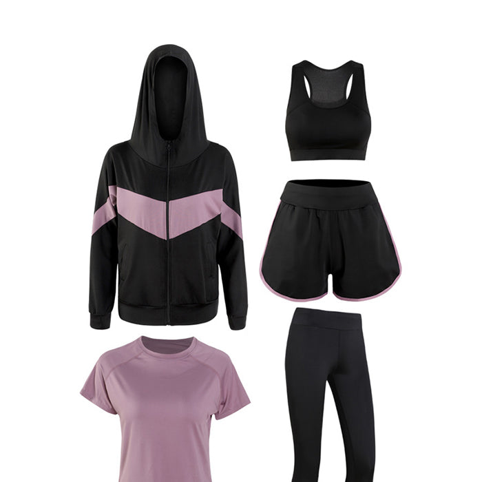 ランニングウェア レディース セット ヨガウェア スポーツウェア 5点セット パーカー 半袖 長袖 速乾性 セットアップ ゆったり オールシーズン