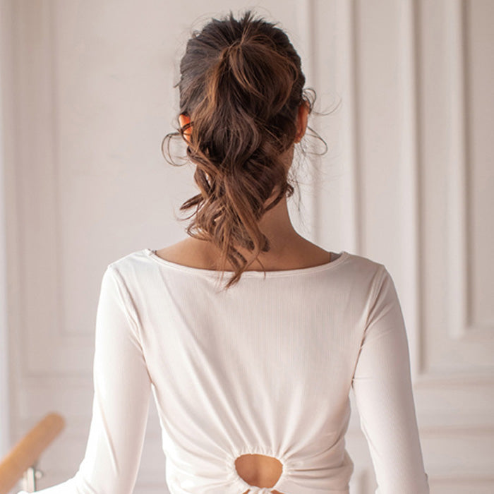 ヨガウェア トップス、ウエストレスフィットネスウェア、長袖スポーツトップス、ドローストリング、高伸縮性、スリムフィットで美しい背中、レディースフィットネスウェア