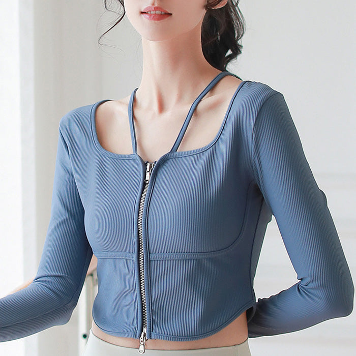 新しいヨガ服長袖フィットネススポーツコートヨガトップスリムリブフィンガージッパー通気性の女性の春