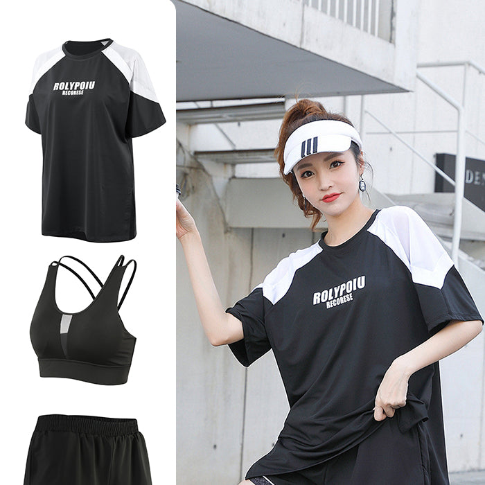 スポーツウェアセット 3点セット ラージサイズ Tシャツ 半袖 上下セット フィットネスウェア 速乾性 セットアップ ルーズ ゆったり ヨガ ピラティス