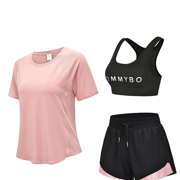 スポーツウェア 3点セット Tシャツ 半袖 ショートパンツ スポーツブラ プラスサイズ フィットネスウェア 速乾性 セットアップ ヨガ ピラティス