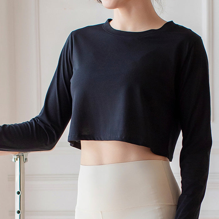 スポーツトップス ヨガウェア 長袖 無地ショートフィットネスウェア ランニング 速乾性 通気性 ゆったりとした女性用Tスポーツカバーアップ