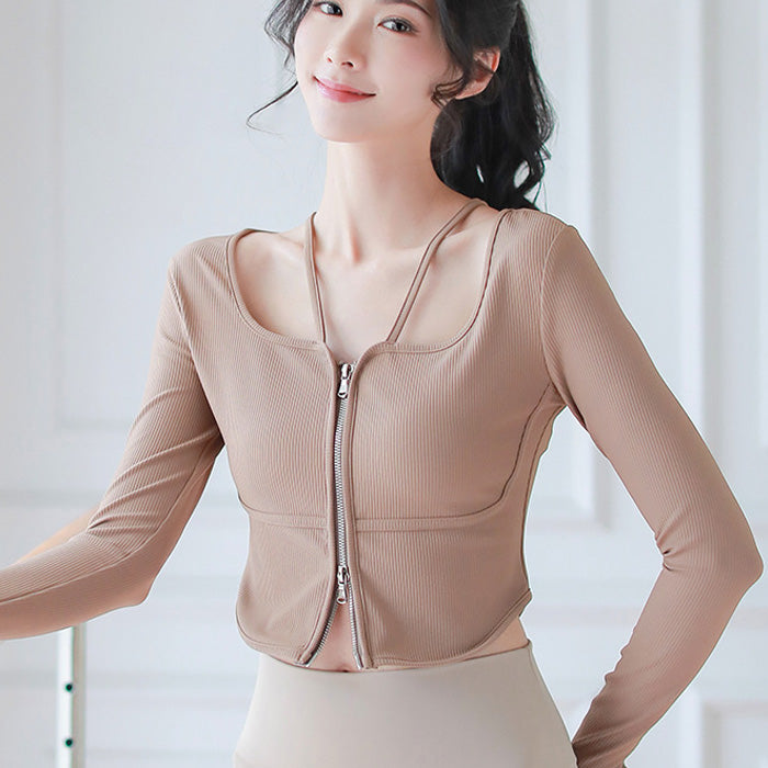 新しいヨガ服長袖フィットネススポーツコートヨガトップスリムリブフィンガージッパー通気性の女性の春