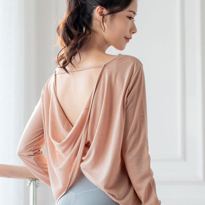 長袖ヨガトップ、背中の開いた短いスポーツウェア、フィットネスウェア、ダンスウェア、シンプルなクロスオーバーバック美しい薄いヨガウェア、痩身ピラティス