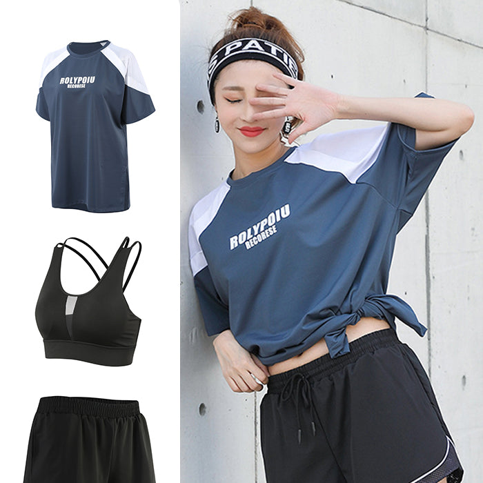 スポーツウェアセット 3点セット ラージサイズ Tシャツ 半袖 上下セット フィットネスウェア 速乾性 セットアップ ルーズ ゆったり ヨガ ピラティス