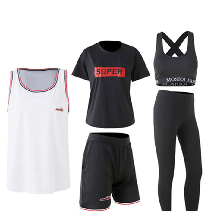 スポーツウェアセット 5点セット 半袖 Tシャツ 夏 ゆったり メッシュ バスケ テニス ランニング トレーニング スポーティ 速乾 フィットネスウェア ジムウェア