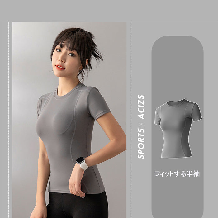 レディースヨガウェア 大きいサイズ トレーニングウェア スポーツTシャツ 半袖 速乾性