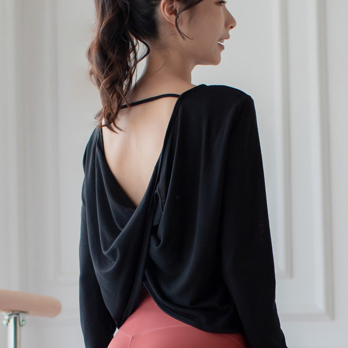 長袖ヨガトップ、背中の開いた短いスポーツウェア、フィットネスウェア、ダンスウェア、シンプルなクロスオーバーバック美しい薄いヨガウェア、痩身ピラティス