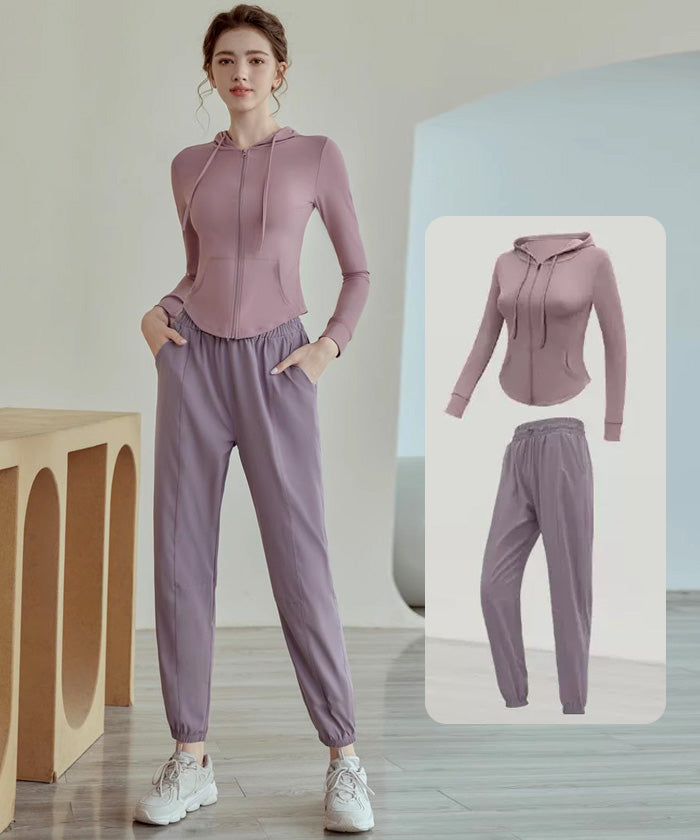 ヨガウェア、ジッパー付きフード付きトップス、レギンス、レディースカジュアルアウトドアスポーツ、ヨガ長袖ジャケット