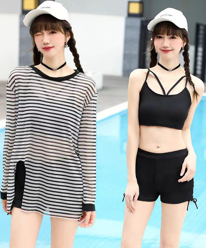 レディース 大きいサイズ スプリット スリーピース 水着 長袖 日焼け止め カジュアル スポーツ ストライプ 温泉 200ポンドでお肉をカバーしてスリムに見せます。